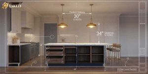 Architectural technical blueprint showing pendant light sizing formulas, island spacing, and vertical hanging clearance standards