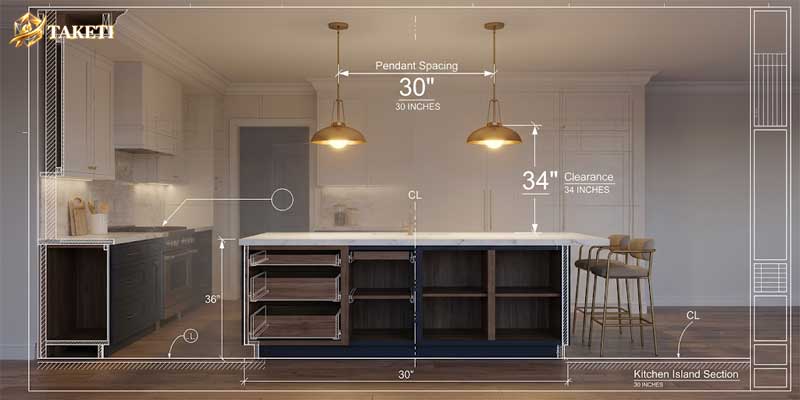 Architectural technical blueprint showing pendant light sizing formulas, island spacing, and vertical hanging clearance standards