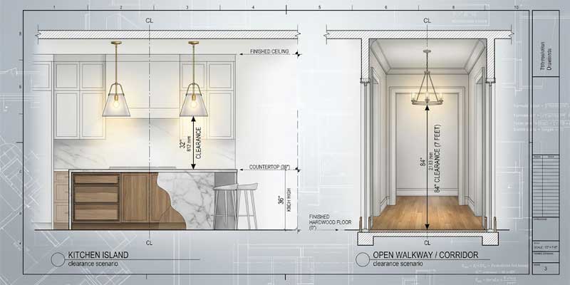 Architectural elevation blueprint comparing pendant light vertical clearances over kitchen island and open walkway zones