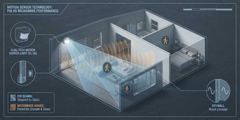 Technical comparison schematic of PIR vs microwave motion sensor light showing heat detection zones and radar penetration