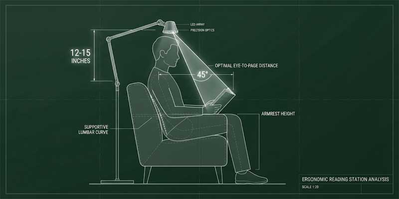 Reading lamp over the shoulder ergonomic placement