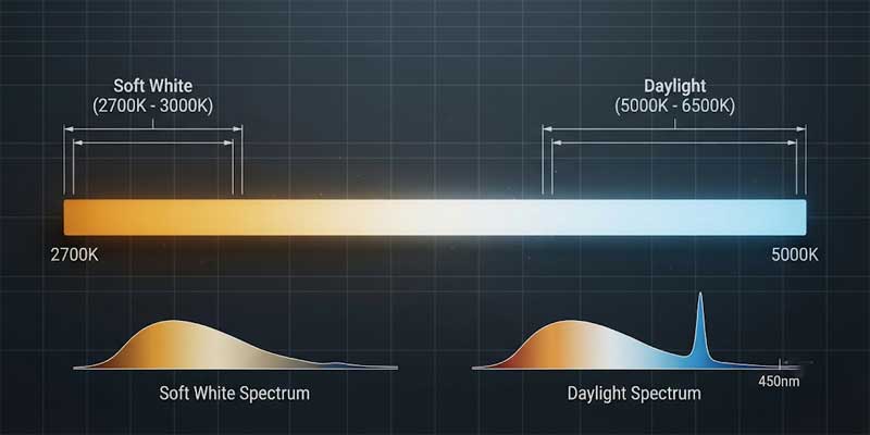Technical engineering chart comparing soft white vs daylight color temperature spectrum on the Kelvin scale