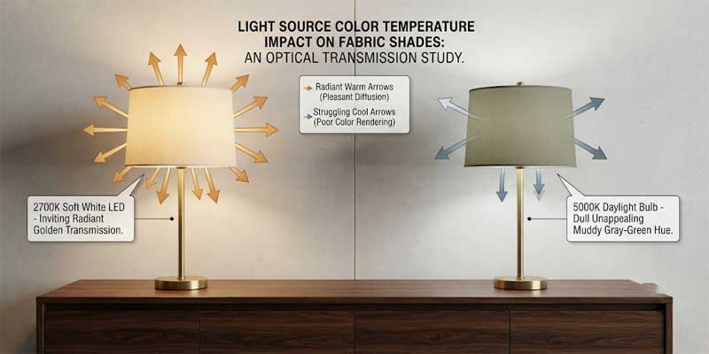 Diagram showing soft white vs daylight light transmission through textured linen and paper lamp shades