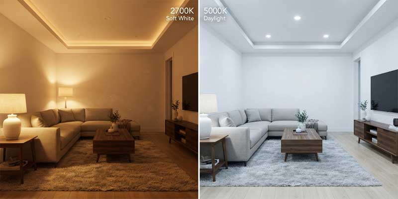 Side by side room lighting comparison demonstrating soft white vs daylight bulbs in an open concept home