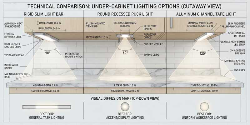 Architectural diagram comparing linear bar puck and tape under cabinet lighting beam spreads on kitchen counters