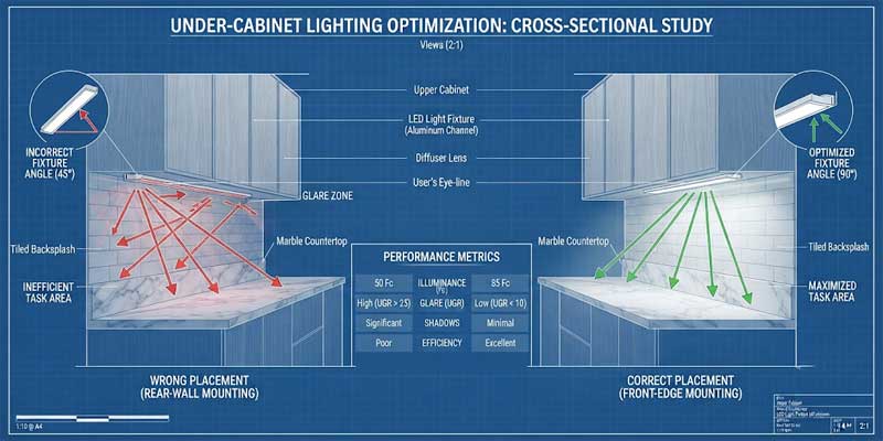 Cross-section diagram showing under cabinet lighting mounted at the front lip to prevent counter glare and shadow