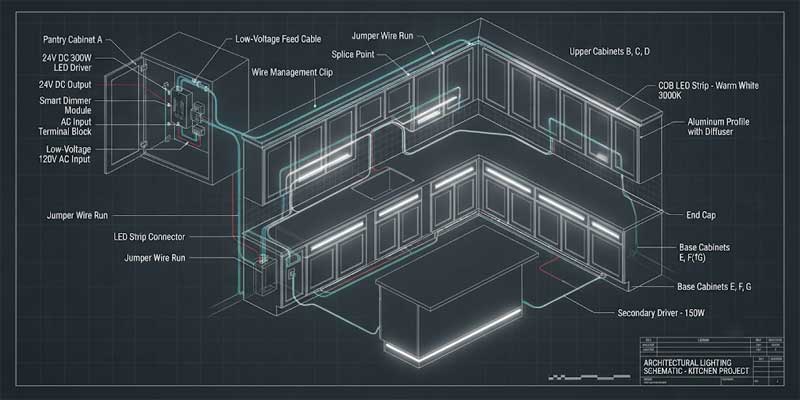 Electrical wiring schematic showing direct 120V hardwire driver and low voltage daisy chain routing for under cabinet lighting