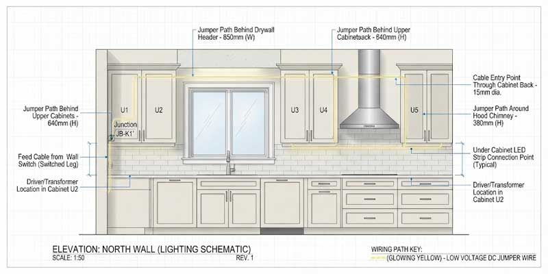 Technical routing diagram for under cabinet lighting wires bridging kitchen sink windows and stove exhaust hoods