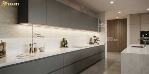 Modern kitchen counter with under cabinet lighting showing front lip placement and power wiring profile