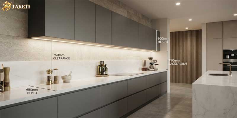 Modern kitchen counter with under cabinet lighting showing front lip placement and power wiring profile