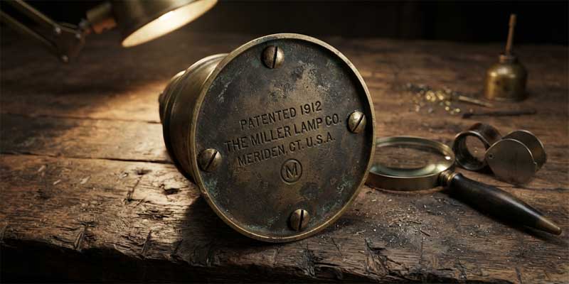 Close up inspection of authentic vintage lamp solid brass hardware showing flathead screws and historical foundry stamps