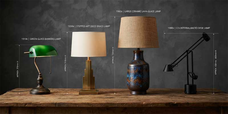 Architectural line drawing comparing four historical vintage lamp styles from Industrial Banker to Mid-Century Modern