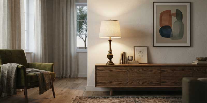 Curated living room vignette featuring an authentic brass vintage lamp on a mid-century credenza