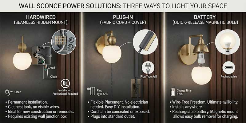 Diagram illustrating wall sconces power options including hardwired box decorative cord plug-in and rechargeable bulb