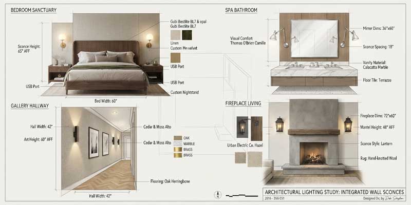 Illustrated room elevation comparing wall sconces placement in bedroom bathroom hallway and living room