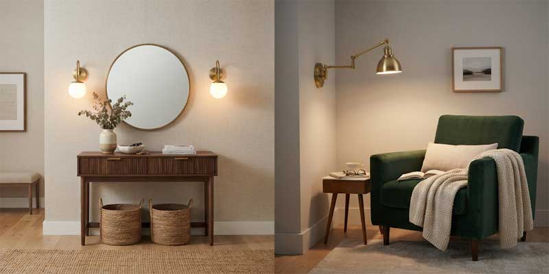Interior design styling comparison showing symmetrical pair of wall sconces vs a single reading corner sconce